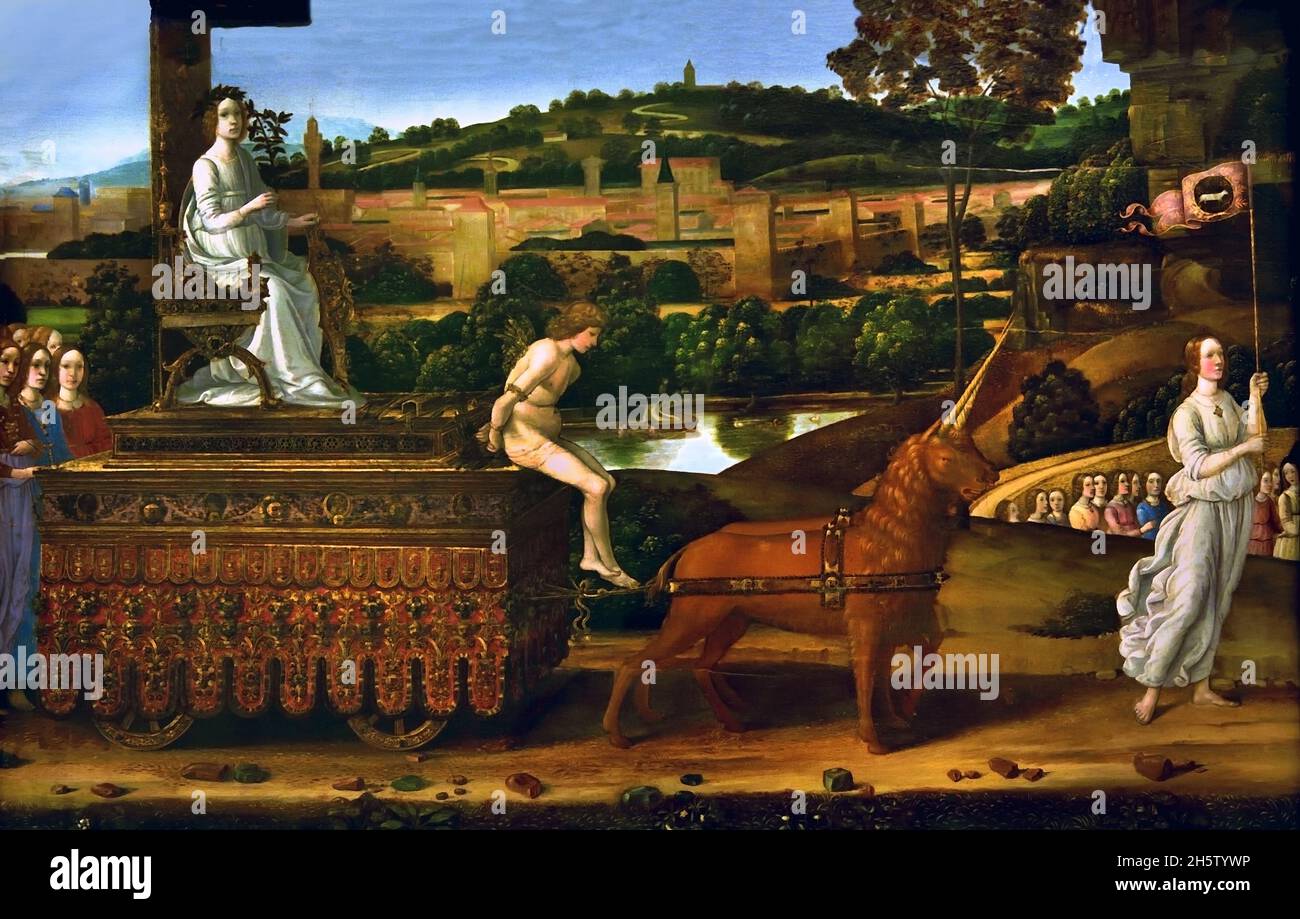 Il Trionfo della castità 1485 Gherardo di Giovanni conosciuto come Gherardo del Fora, 1444-1445/ 1497 Italia, italiana, è Laura, l'eroe del Trionfo della castità, poema del trecentesco poeta italiano Petrarca. Foto Stock