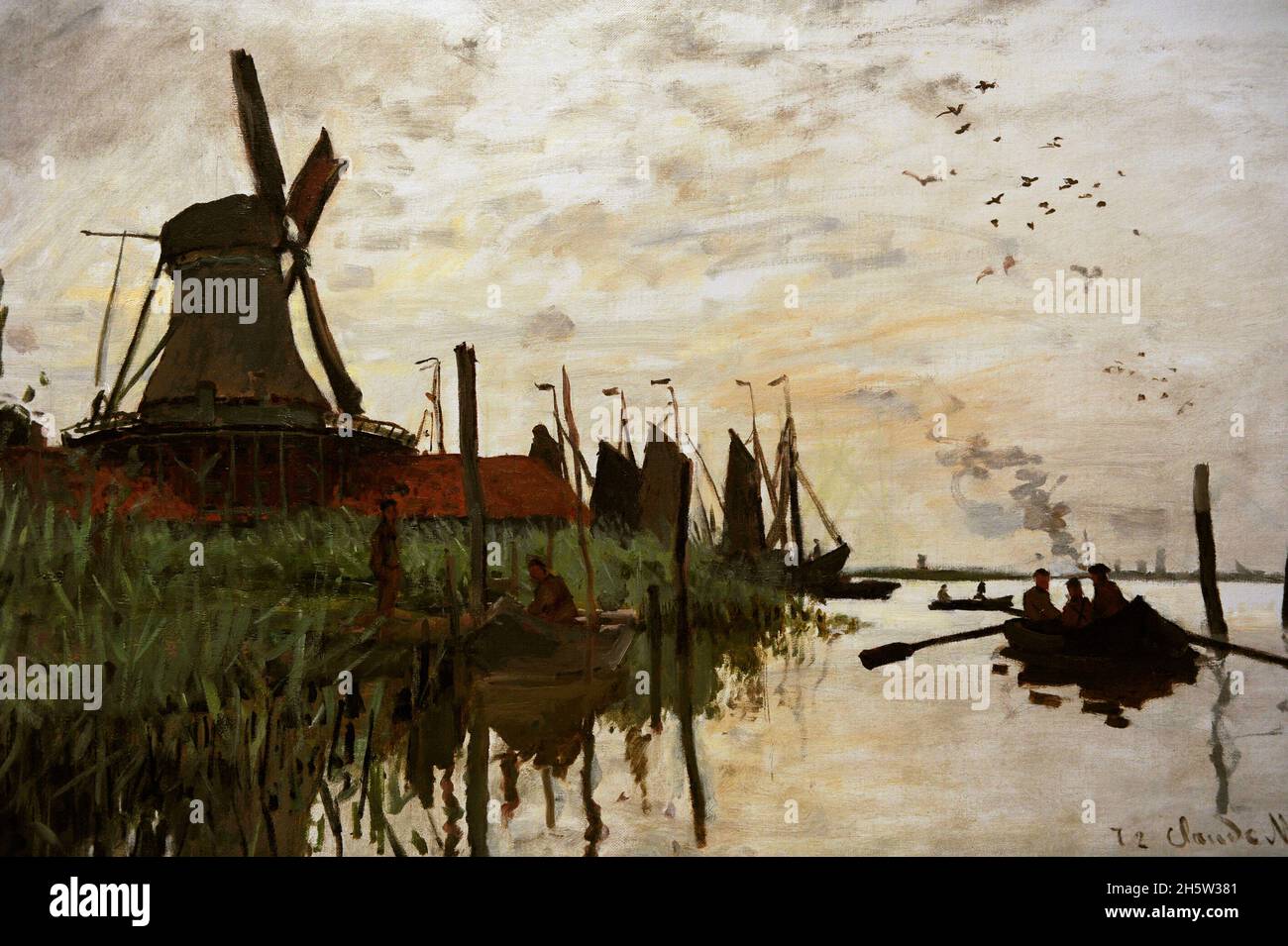 Claude Monet (1840-1926). Pittore impressionista francese. Mulino a vento e barche a Zaandam, Paesi Bassi. Olio su tela, 1871. NY Carlsberg Glyptotek. Copenaghen, Danimarca. Foto Stock