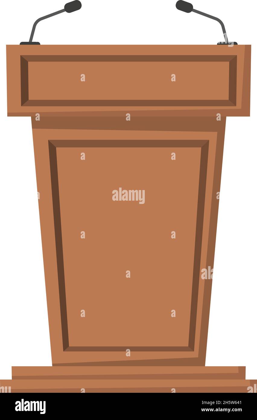podio in legno vettoriale con microfoni in stile piatto, vettoriale Illustrazione Vettoriale