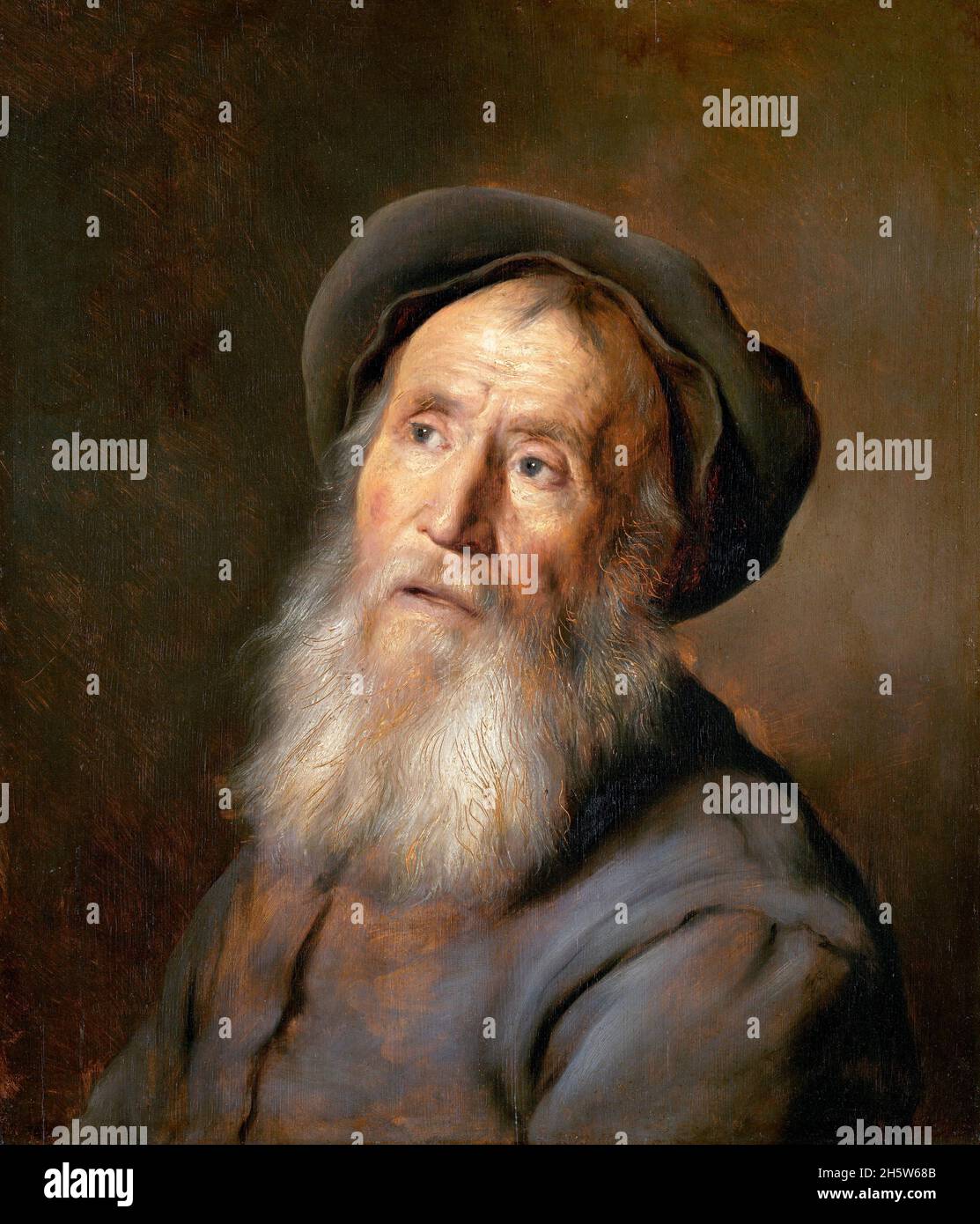 Beded Man with a Beret by the Dutch Golden Age artist, Jan Lievens (1607-1674), olio su pannello, c.. 1630 Foto Stock