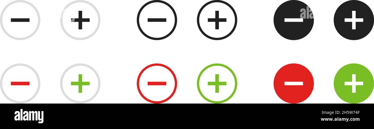 Pulsante piatto più e meno. Impostare l'icona per il Web design, illustrazione isolata vettoriale Illustrazione Vettoriale