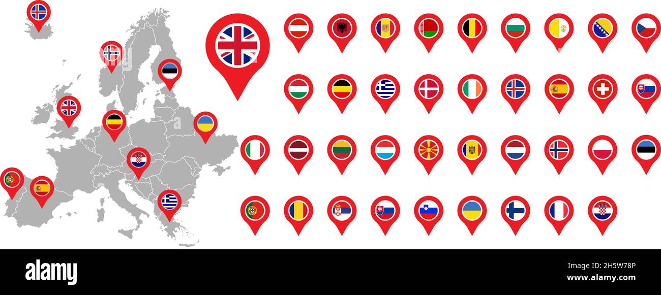 mappa d'europa con 38 flag puntatore impostato, vettore Illustrazione Vettoriale