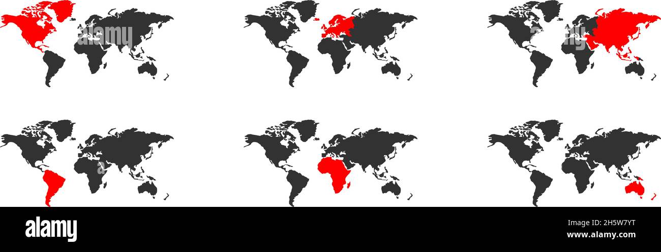 Mappa dei continenti. Illustrazione del globo del mondo vettoriale per il Web. Icona rossa e nera per Asia, America, Europa, Africa e Australia Illustrazione Vettoriale