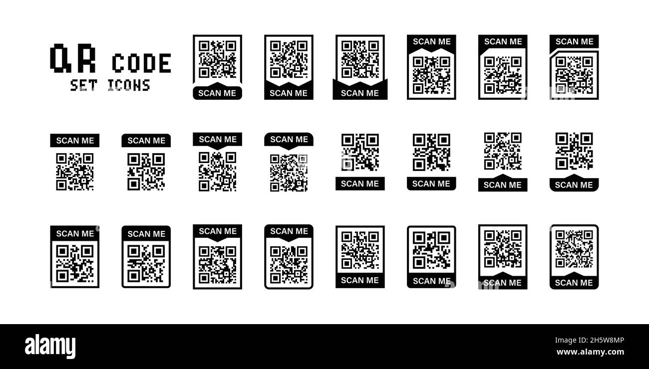 Codice QR, scansione icone set per la progettazione di dispositivi mobili. Segno nero isolato dal vettore Illustrazione Vettoriale