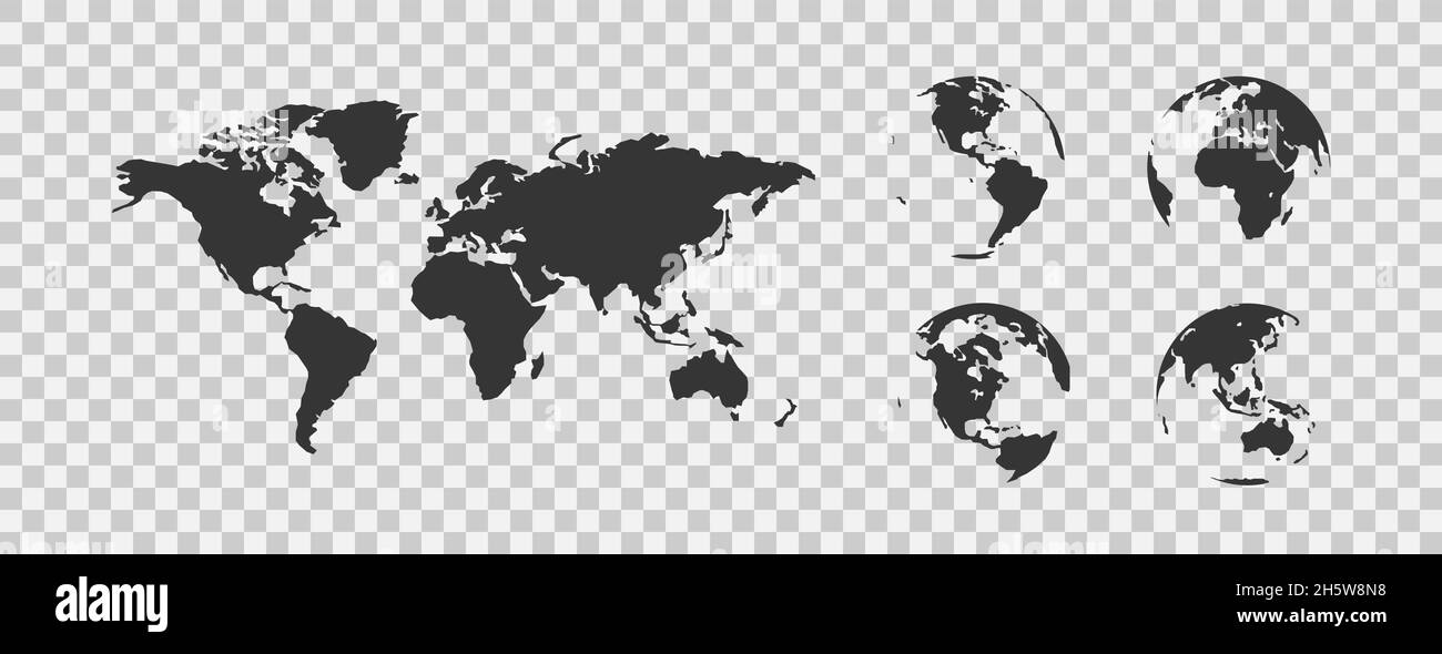 Mappa del mondo globo Imposta l'icona nera su sfondo trasparente. Illustrazione vettoriale geograficamente isolata Illustrazione Vettoriale