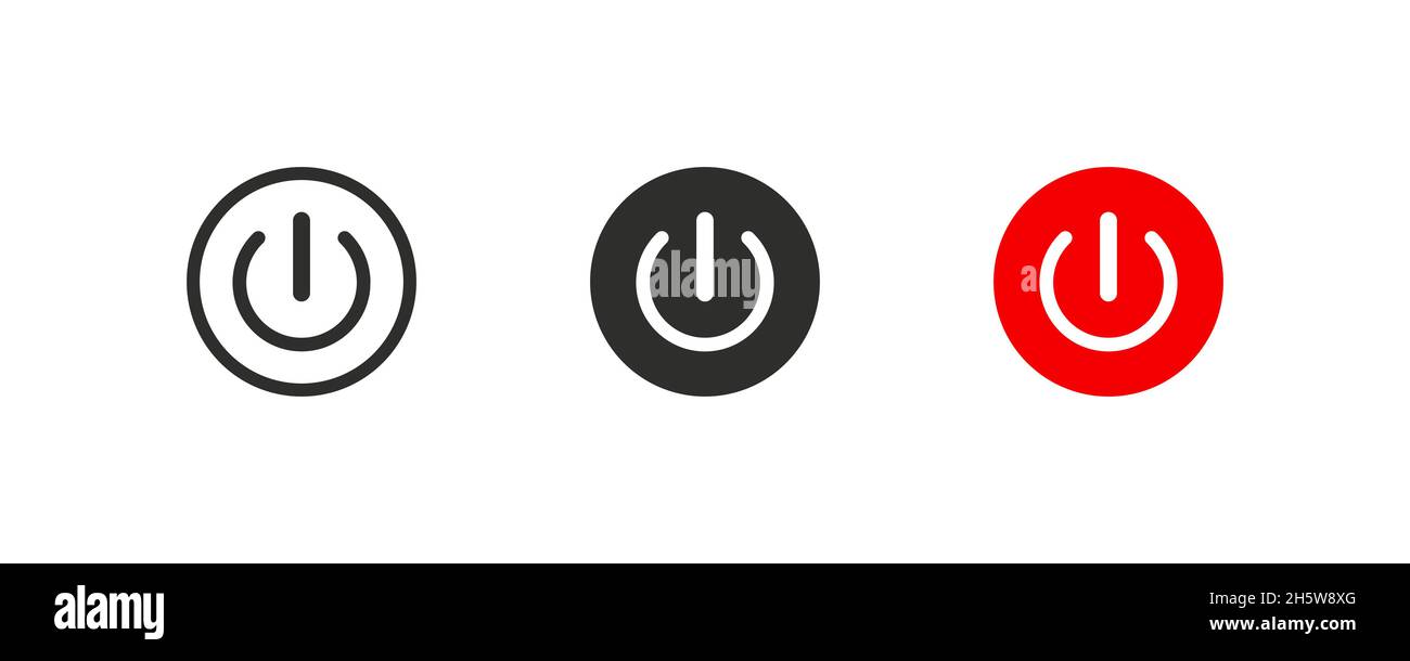 Pulsante di accensione. ICONE di impostazione ON e OFF. Icona vettoriale nera e piatta, simbolo del canto energetico. Illustrazione Vettoriale