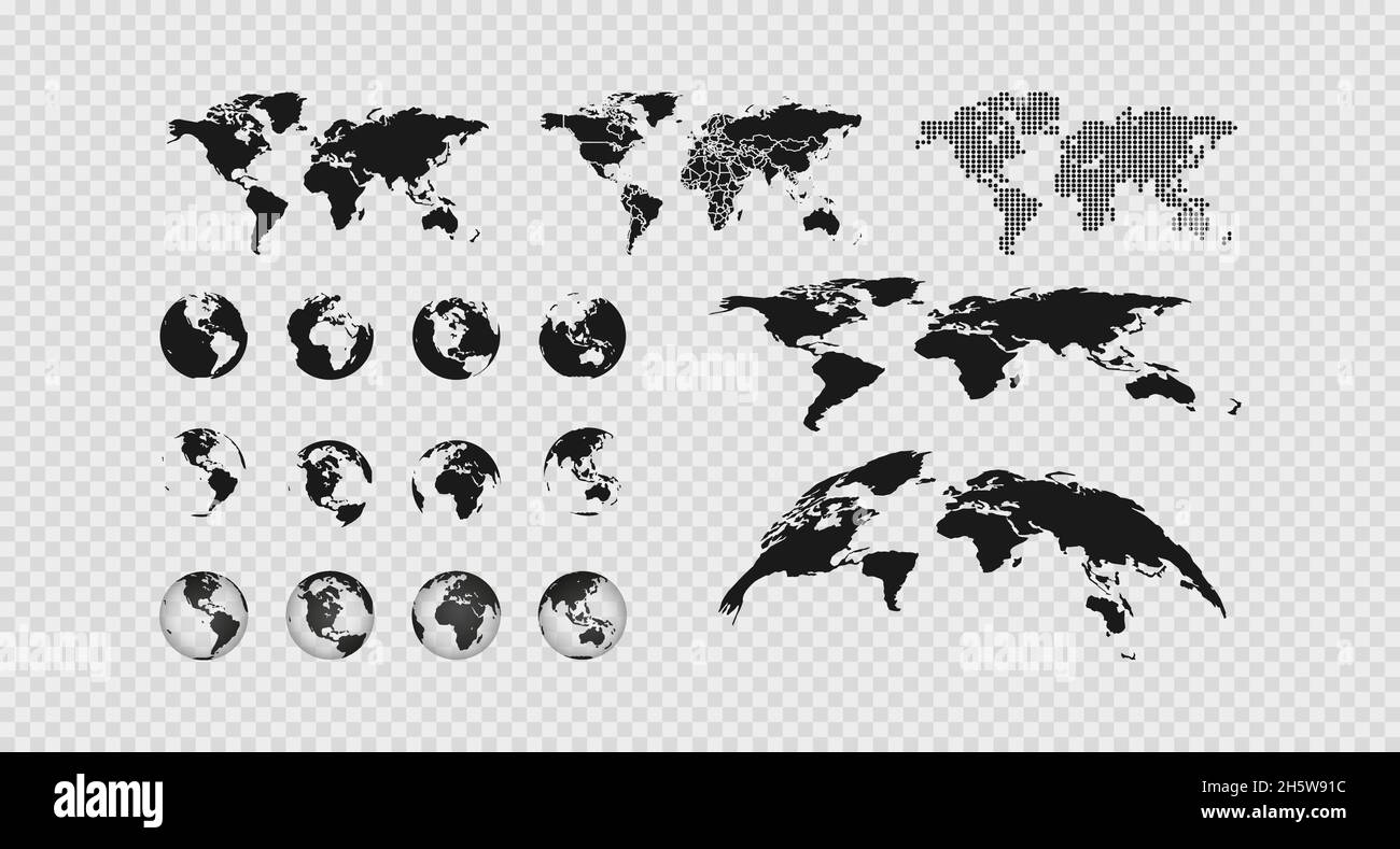 Mappa del mondo impostata su sfondo trasparente. Icona del vettore globo moderno Illustrazione Vettoriale