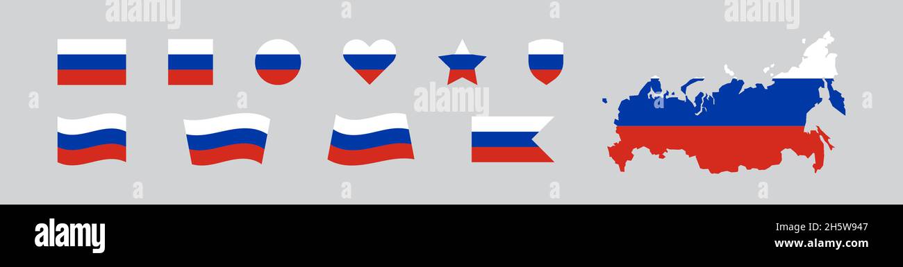 La Russia imposta le icone della bandiera nazionale e della mappa. Illustrazione piatta vettoriale isolata della Federazione Russa Illustrazione Vettoriale