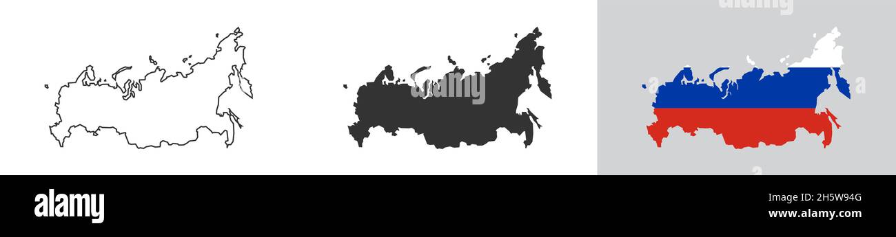Mappa Russia contorno, contorno e con bandiera. Impostare il paese dell'icona. Illustrazione del vettore isolato piatto Illustrazione Vettoriale