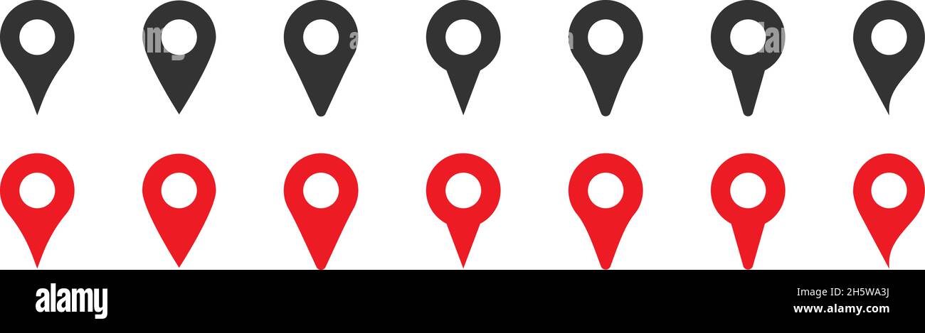 Set di puntini con icone rosse e nere. Icona piatta posizione GPS puntatore mappa. Illustrazione isolata dal vettore Illustrazione Vettoriale