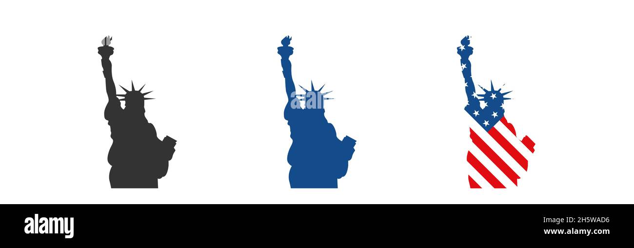 La Statua della libertà. Icona Imposta. Bandiera USA. Vettoriale in stile piatto Illustrazione Vettoriale