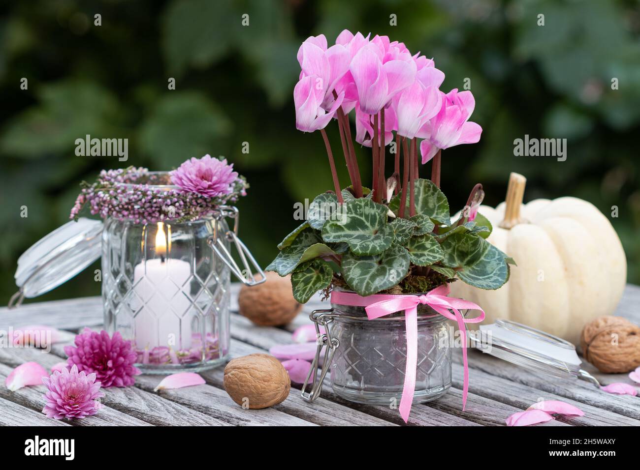 decorazione romantica con ciclamino rosa e candela in vetro Foto Stock