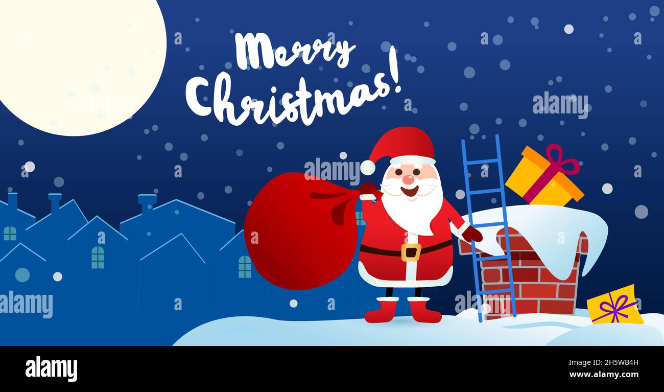 Immagine scura Buon Natale. Babbo Natale sul tetto con una borsa di regali Illustrazione Vettoriale