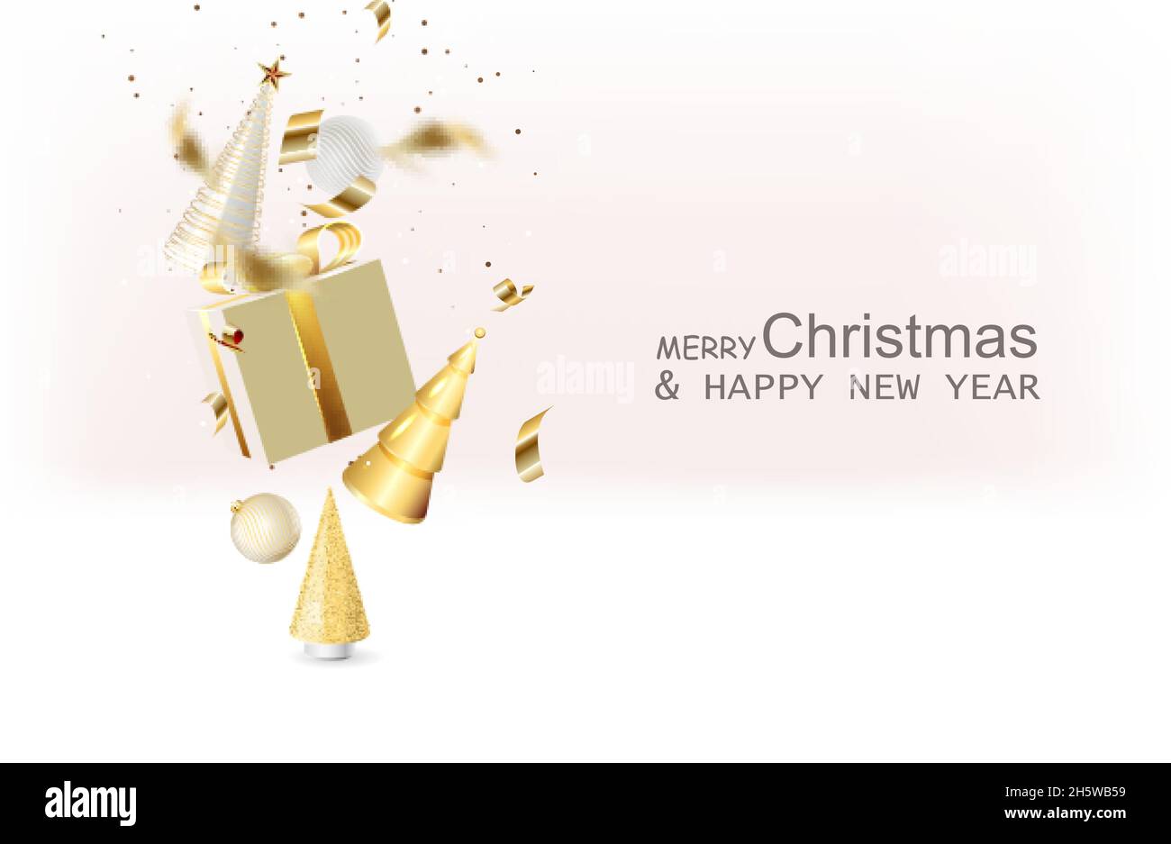 Design di Capodanno e Natale. Scatole regalo rosa realistiche. Aprire la confezione regalo piena di oggetti decorativi festive. Illustrazione Vettoriale