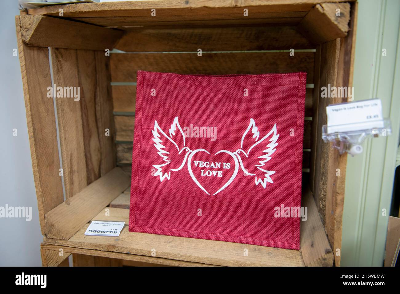 Negozio d'angolo vegano con una grande varietà di prodotti su scaffali e frigoriferi, sacchetto dice Vegan è amore Foto Stock