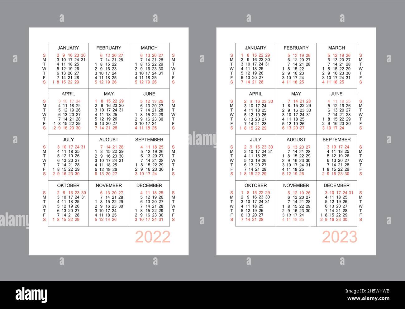 Calendario verticale per 2 anni - 2022, 2023. Semplice griglia di calendario isolato su sfondo bianco, da domenica a lunedì, modello di business. Calendario annuale Illustrazione Vettoriale