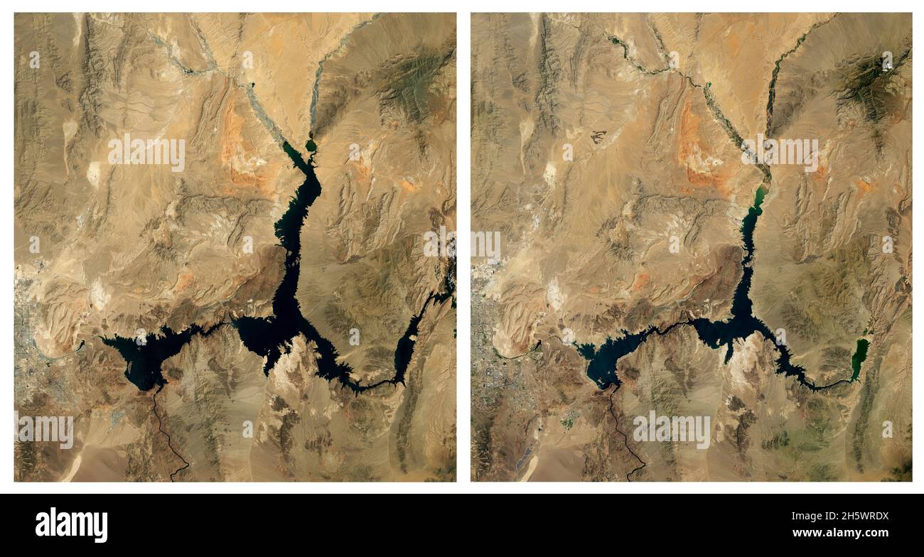 Cambiamenti climatici: La contrazione del lago Mead, Colorado, USA - Agosto 2000 rispetto ad Agosto 2021. Il lago Mead è il più grande bacino idrico degli Stati Uniti e fa parte di un sistema che fornisce acqua a oltre 40 milioni di persone in sette stati e nel nord del Messico. A partire dall'agosto 2021, il lago è stato riempito ad appena il 35% della capacità. Il livello basso dell'acqua arriva in un momento in cui il 95% della terra in nove stati degli Stati occidentali degli Stati Uniti è colpito dal proseguimento di una megadrought che potrebbe essere il peggiore periodo secco della regione in 1200 anni. Un composito migliorato ad alta risoluzione delle immagini Landsat7 e Landsat8 originali. Credito NASA Foto Stock