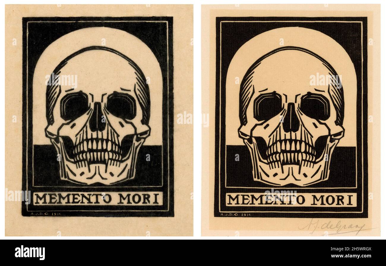 Memento mori.A cranio umano. Un'immagine composita con 2 stampe distinte di questo lavoro di Julie de GRAAG, 1916 nata nei Paesi Bassi occidentali nel 1877, Anna Julie de GRAAG è stata una designer, illustratrice e pittore olandese. L'artista lavorò fino ai primi anni '20 quando, per una malattia mentale, prese la sua vita all'età di 46 anni. Le opere d'arte di de GRAAG sono caratterizzate da disegni stilizzati con linee audaci. Un composito ottimizzato digitalmente di 2 stampe storiche Foto Stock