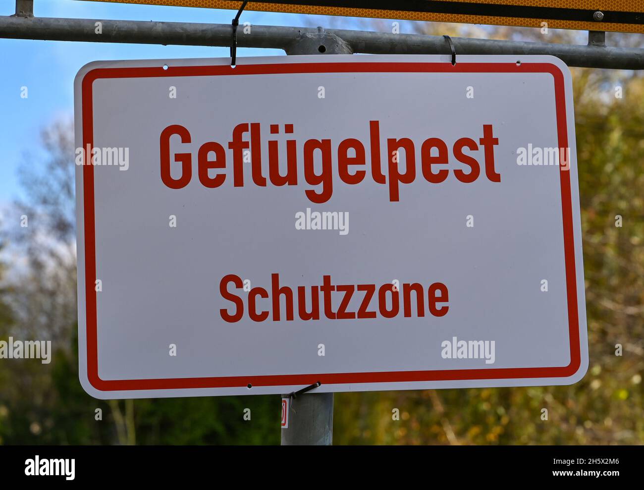 Leipe, Germania. 9 novembre 2021. Un segnale che recita "zona di protezione dell'influenza aviaria". Credit: Patrick Pleul/dpa-Zentralbild/ZB/dpa/Alamy Live News Foto Stock