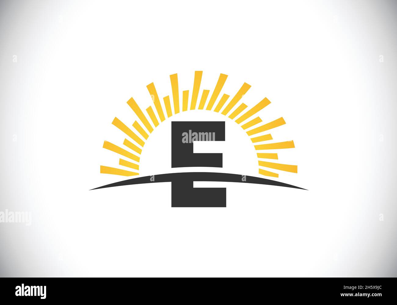 Alfabeto e monogramma iniziale con il sole astratto e swoosh. Simbolo di cartello con il logo Sunburst. Moderno logo vettoriale per l'identità aziendale e aziendale Illustrazione Vettoriale