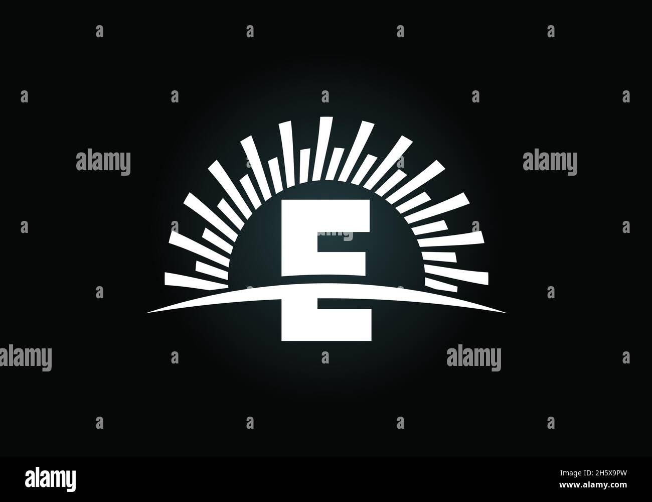 Alfabeto e monogramma iniziale con il sole astratto e swoosh. Simbolo di cartello con il logo Sunburst. Moderno logo vettoriale per l'identità aziendale e aziendale Illustrazione Vettoriale