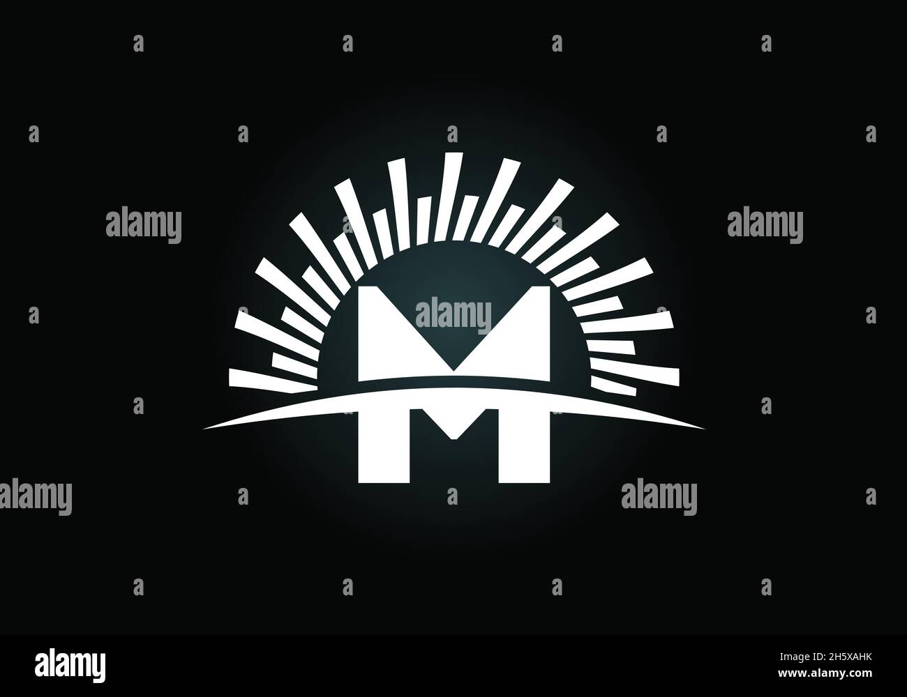 Alfabeto M monogramma iniziale con il sole astratto e swoosh. Simbolo di cartello con il logo Sunburst. Moderno logo vettoriale per l'identità aziendale e aziendale Illustrazione Vettoriale