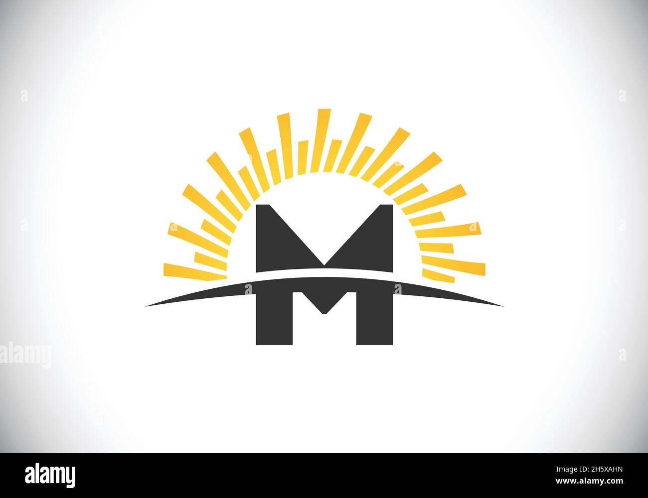 Alfabeto M monogramma iniziale con il sole astratto e swoosh. Simbolo di cartello con il logo Sunburst. Moderno logo vettoriale per l'identità aziendale e aziendale Illustrazione Vettoriale