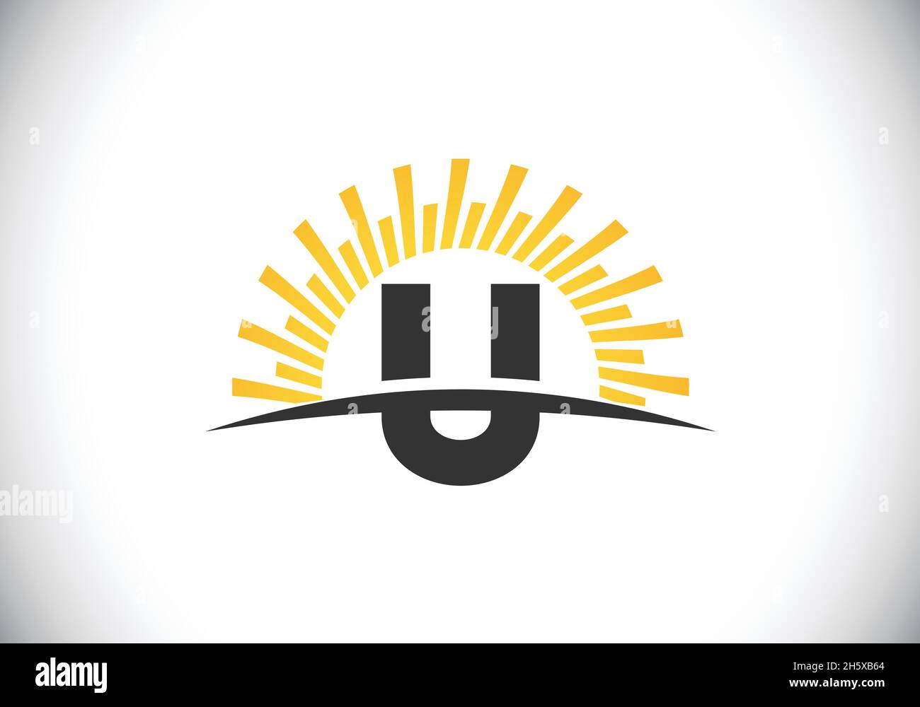 Alfabeto U monogramma iniziale con il sole astratto e swoosh. Simbolo di cartello con il logo Sunburst. Moderno logo vettoriale per l'identità aziendale e aziendale Illustrazione Vettoriale