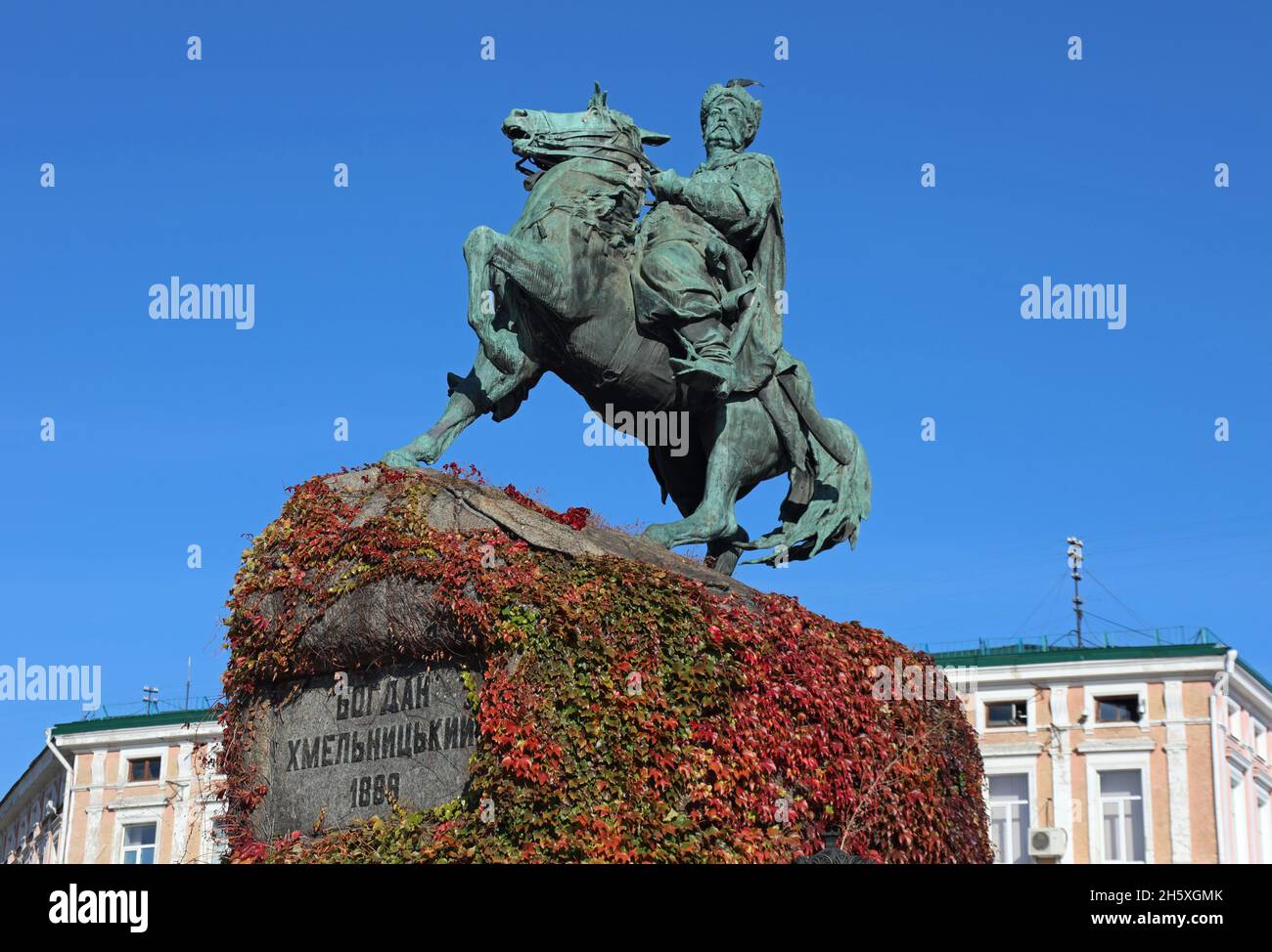 Statua equestre di Bohdan Khmelnytsky a Kyiv Foto Stock