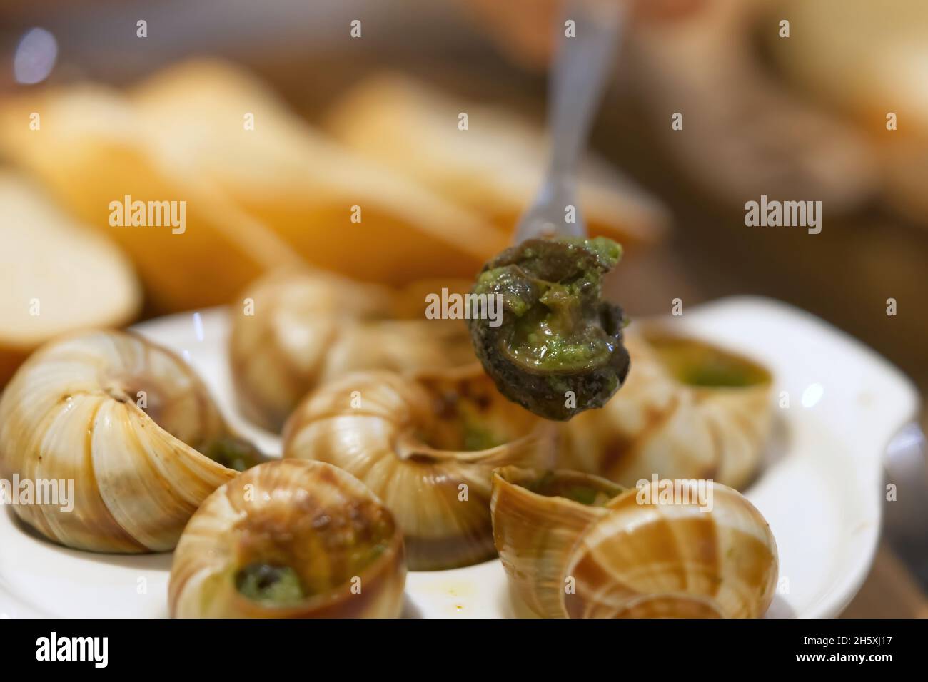 Helix Aspersa Muller piatto di lumaca in un ristorante. Lumache commestibili con burro e condimenti. Foto Stock