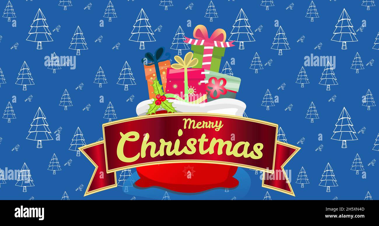 Immagine di buon testo di natale sopra i regali Foto Stock