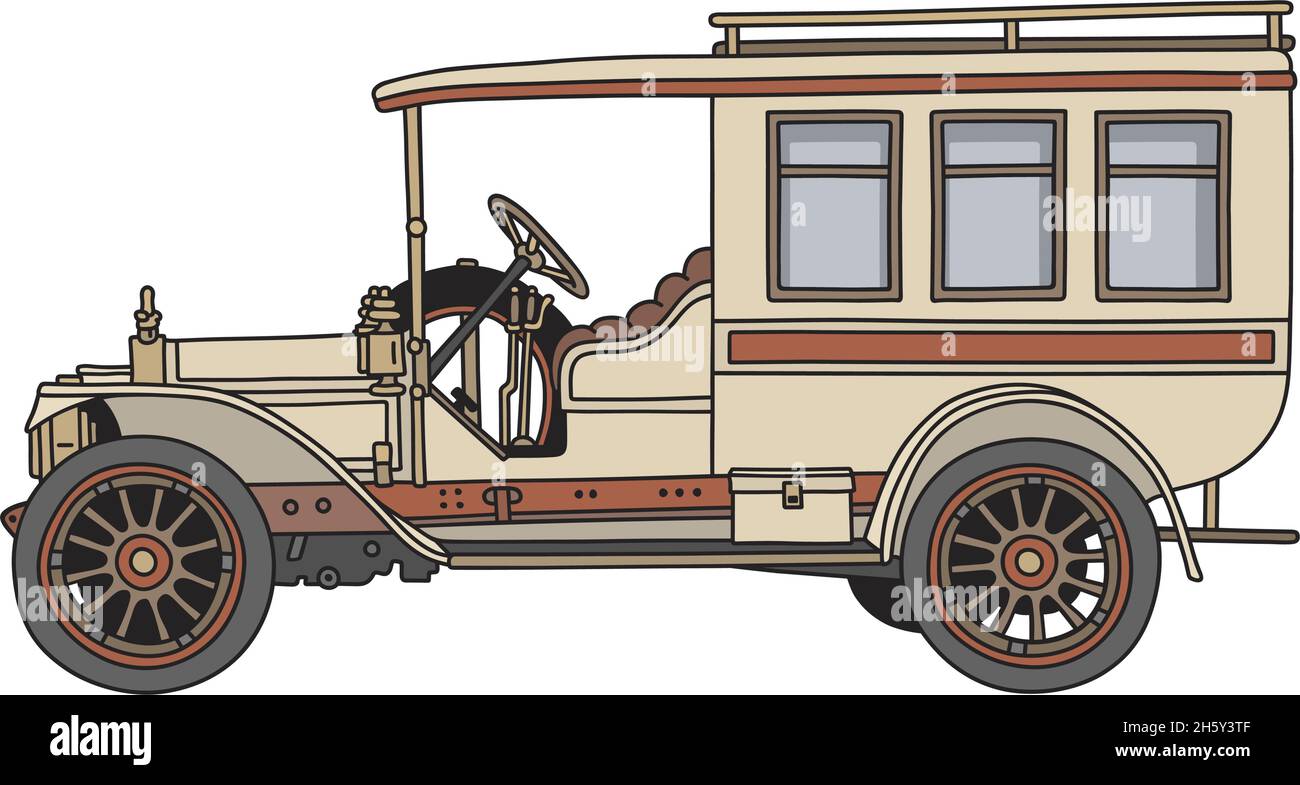 La stesura a mano di un autocar vintage rosso e crema Illustrazione Vettoriale