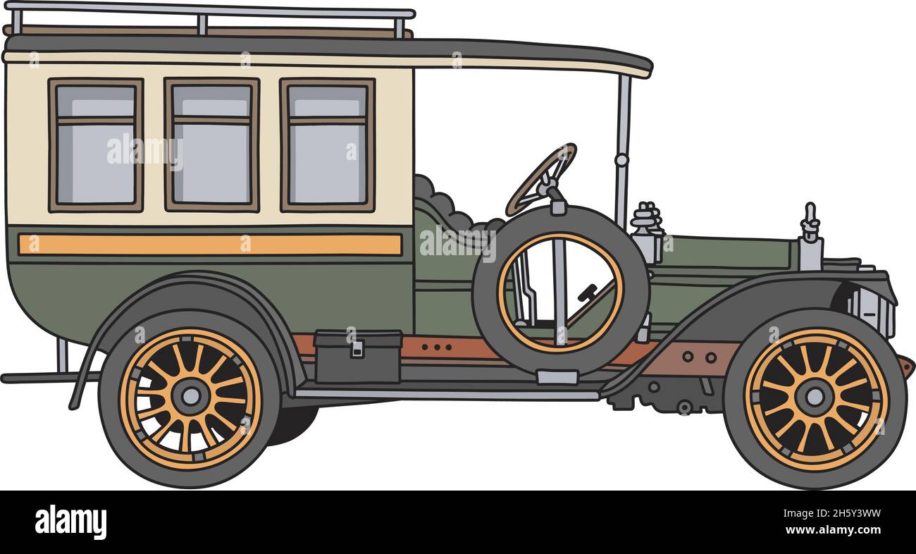 La stesura a mano di un autobus verde e crema vintage Illustrazione Vettoriale