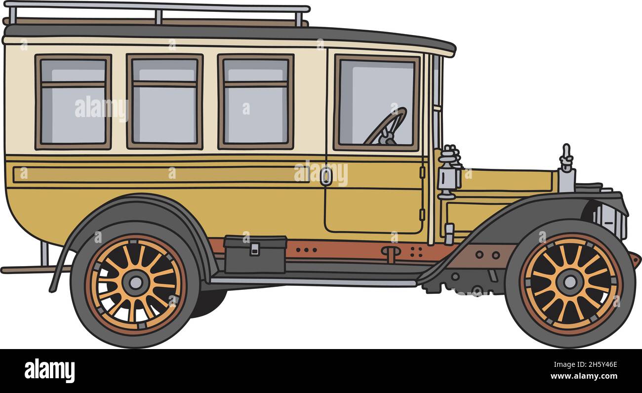 La stesura a mano di un vintage autobus giallo e crema Illustrazione Vettoriale