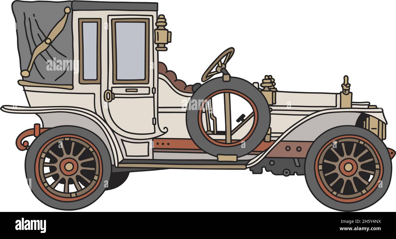 Il disegno a mano vettorizzato di una limousine aperta bianca d'epoca Illustrazione Vettoriale