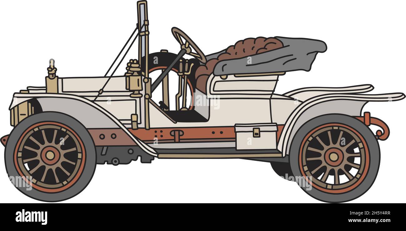 Il disegno a mano vettorizzato di una piccola vettura sportiva bianca d'epoca Illustrazione Vettoriale