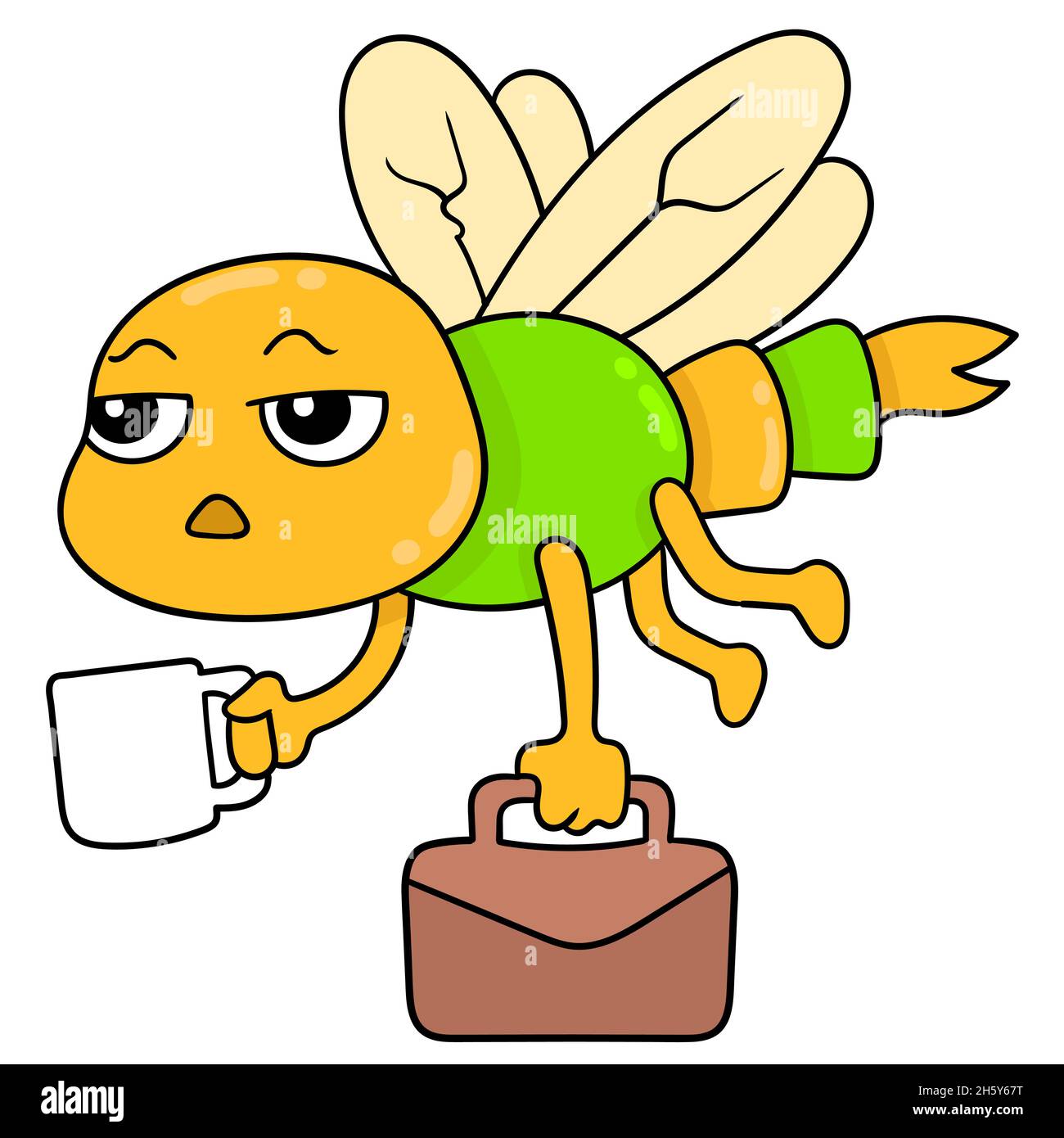 volare libellula con un viso sonnolento andando a lavorare con una valigetta Illustrazione Vettoriale