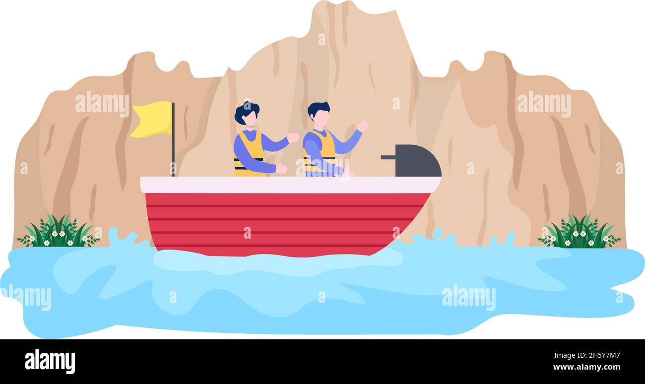Cartoon Barca a vela con mare o lago Visualizza sfondo Vector Illustrazione. Tempo estivo per il tempo libero, attività sportive e attività ricreative all'aperto Lifestyle Illustrazione Vettoriale
