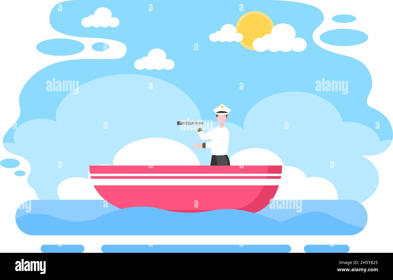 Cartoon Barca a vela con mare o lago Visualizza sfondo Vector Illustrazione. Tempo estivo per il tempo libero, attività sportive e attività ricreative all'aperto Lifestyle Illustrazione Vettoriale