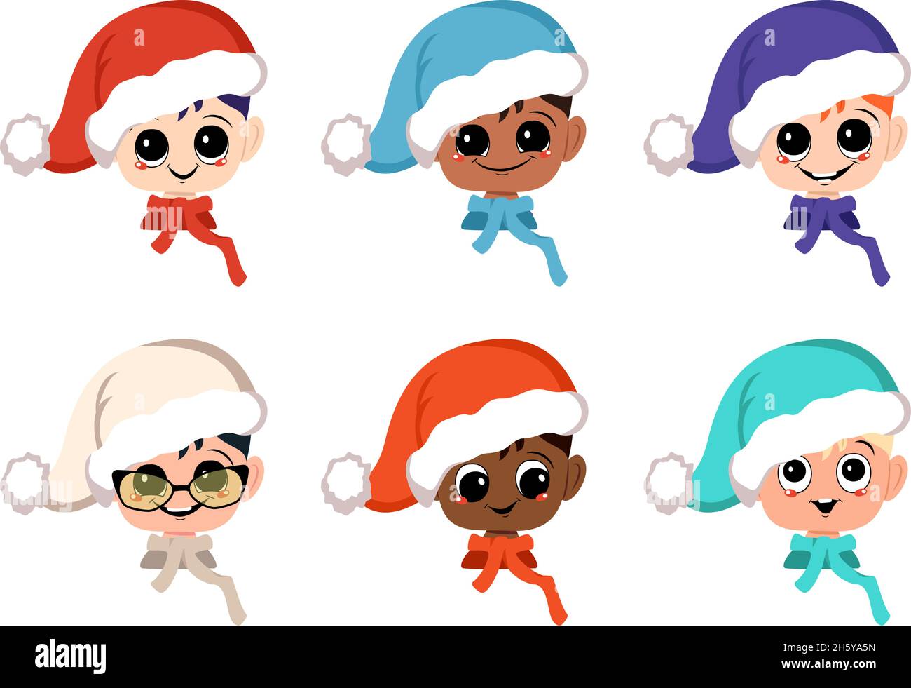 Set di avatar ragazzo di diverse nazionalità con grandi occhi e ampio sorriso felice a Santa Hat. Testa di bambino con volto gioioso in costume festivo per Capodanno e Natale. Illustrazione Vettoriale