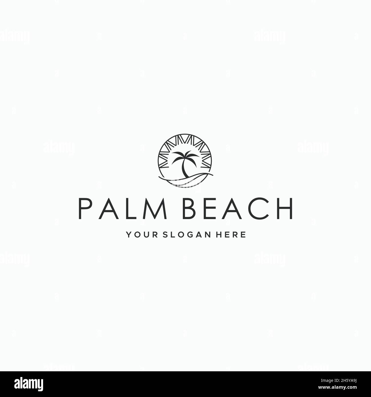 design con logo flat PALM BEACH Circle Tree Sunset Illustrazione Vettoriale