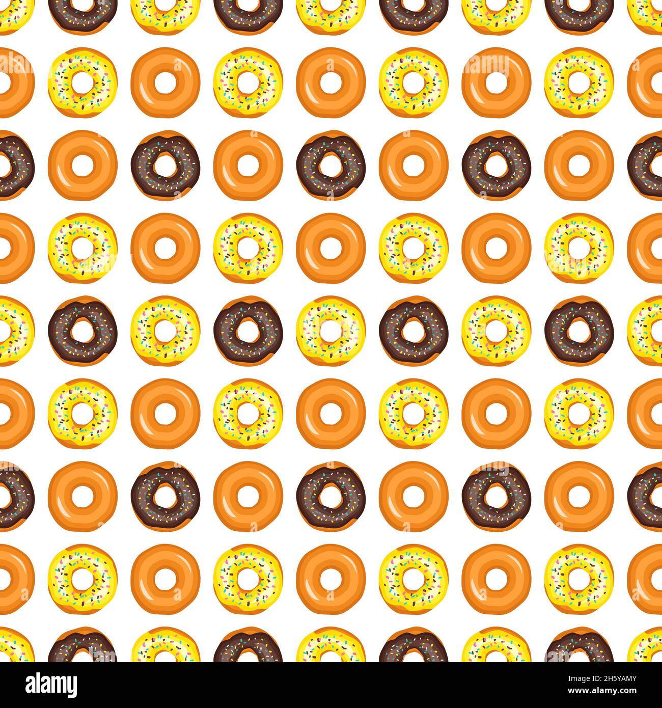 Motivo senza cuciture da ciambelle smaltate. Stampa da dolci per compleanno, festa e festa. Illustrazione vettoriale piatta di dessert e cibo Illustrazione Vettoriale