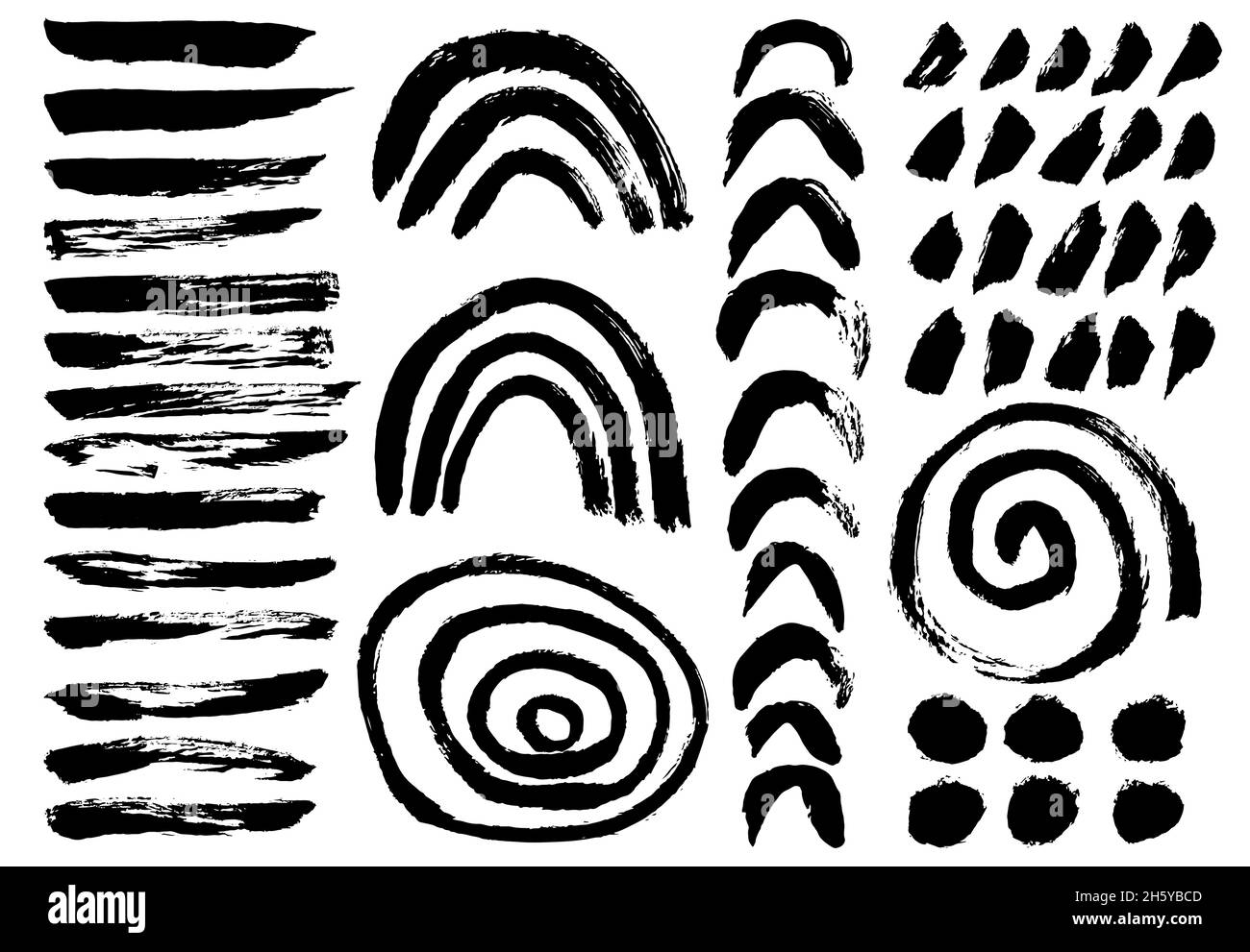 Caselle di testo tratti pennello. Grunge elementi di progettazione. Striscioni di texture sporchi. Schizzi d'inchiostro, tratti lunghi e curvi del pennello, tratti ad alto livello di astrazione. Set di pennelli vettoriali Illustrazione Vettoriale