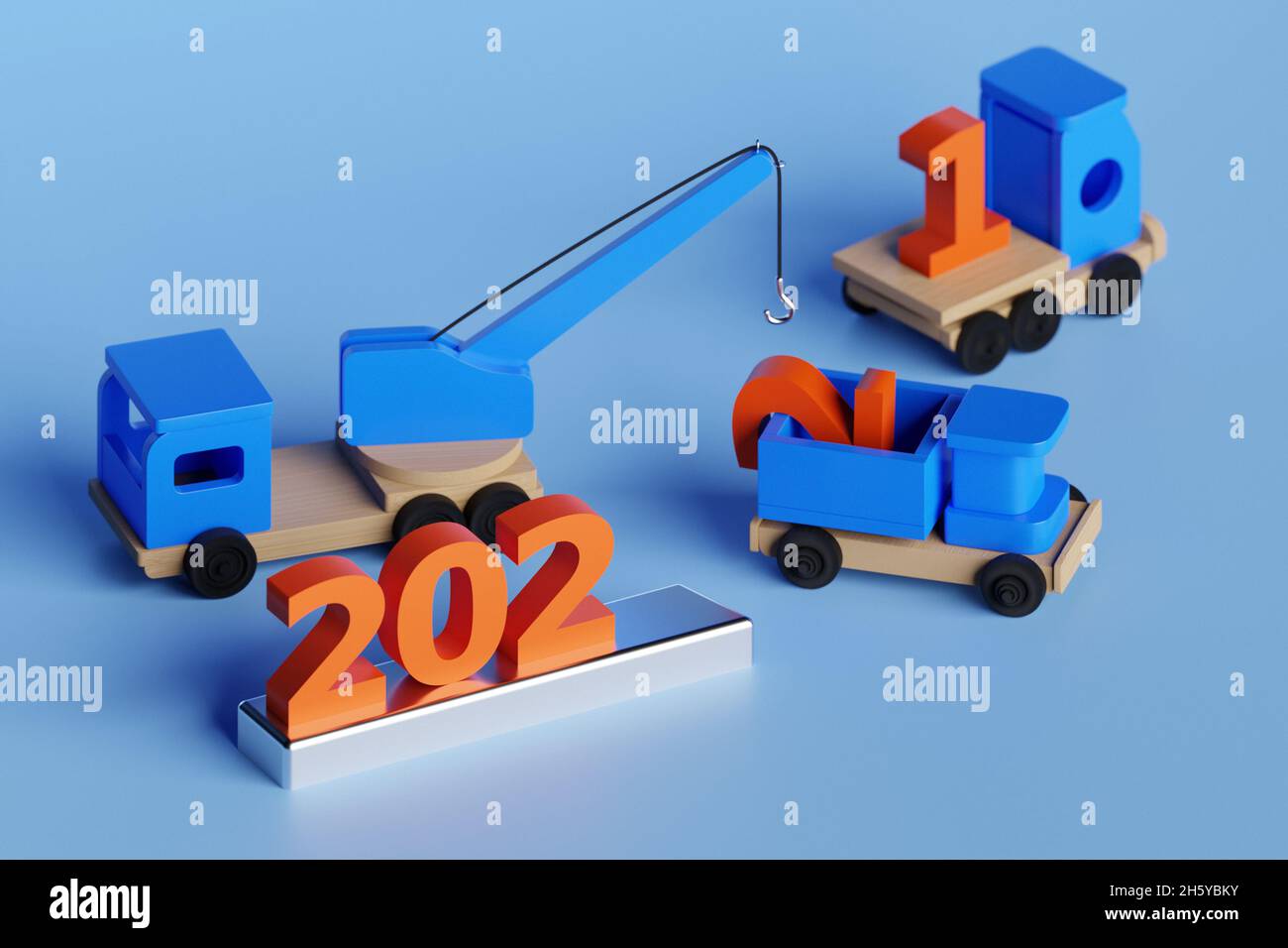 Il concetto dell'arrivo del 2022. I camion dei bambini e i camion di scarico portano l'iscrizione 2022 Funny auto con numeri 2022.3D rendering. Foto Stock