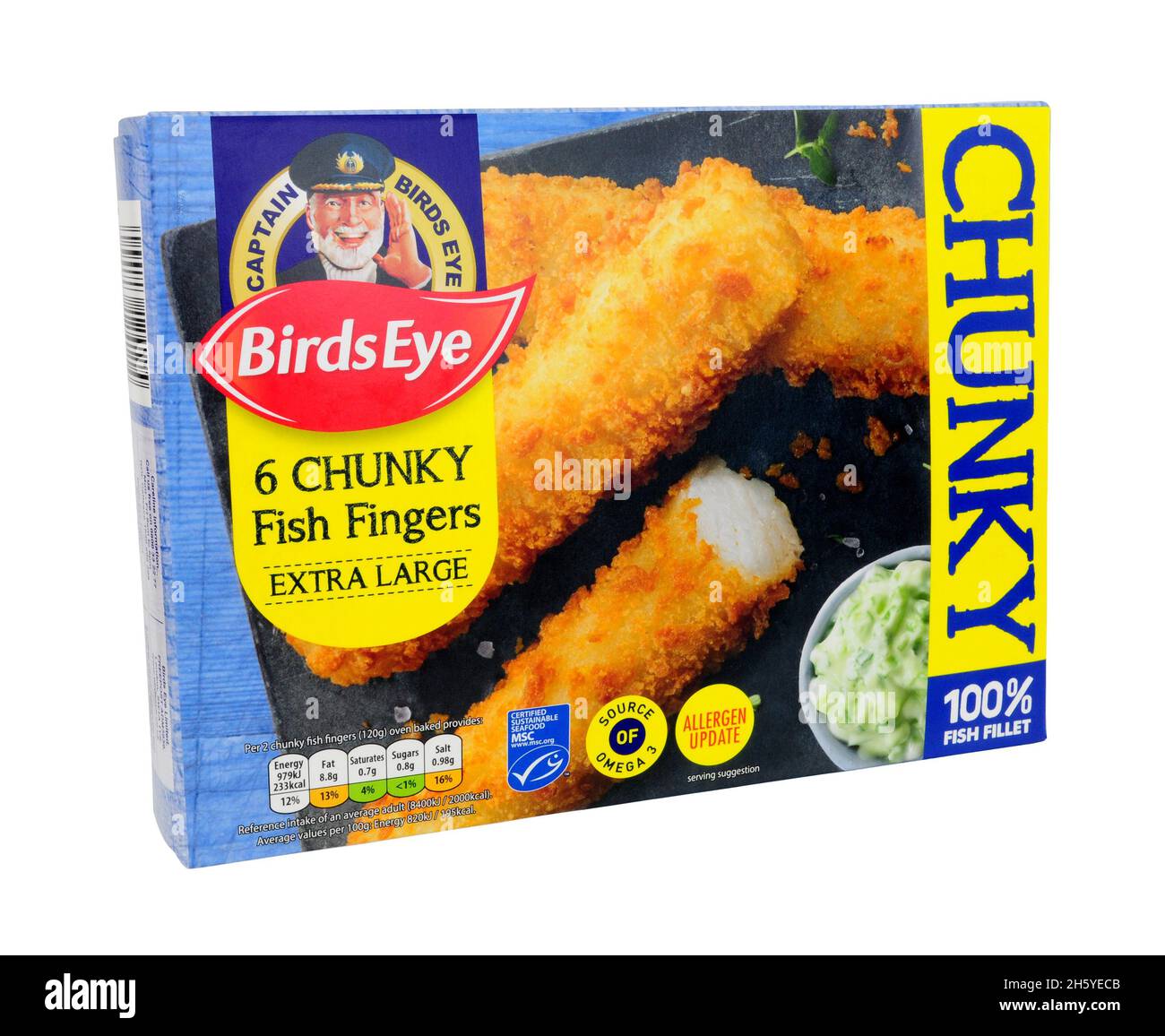 Birds Eye Frozen Jumbo chunky dita di pesce extra large con rivestimento di breadcrumb Foto Stock