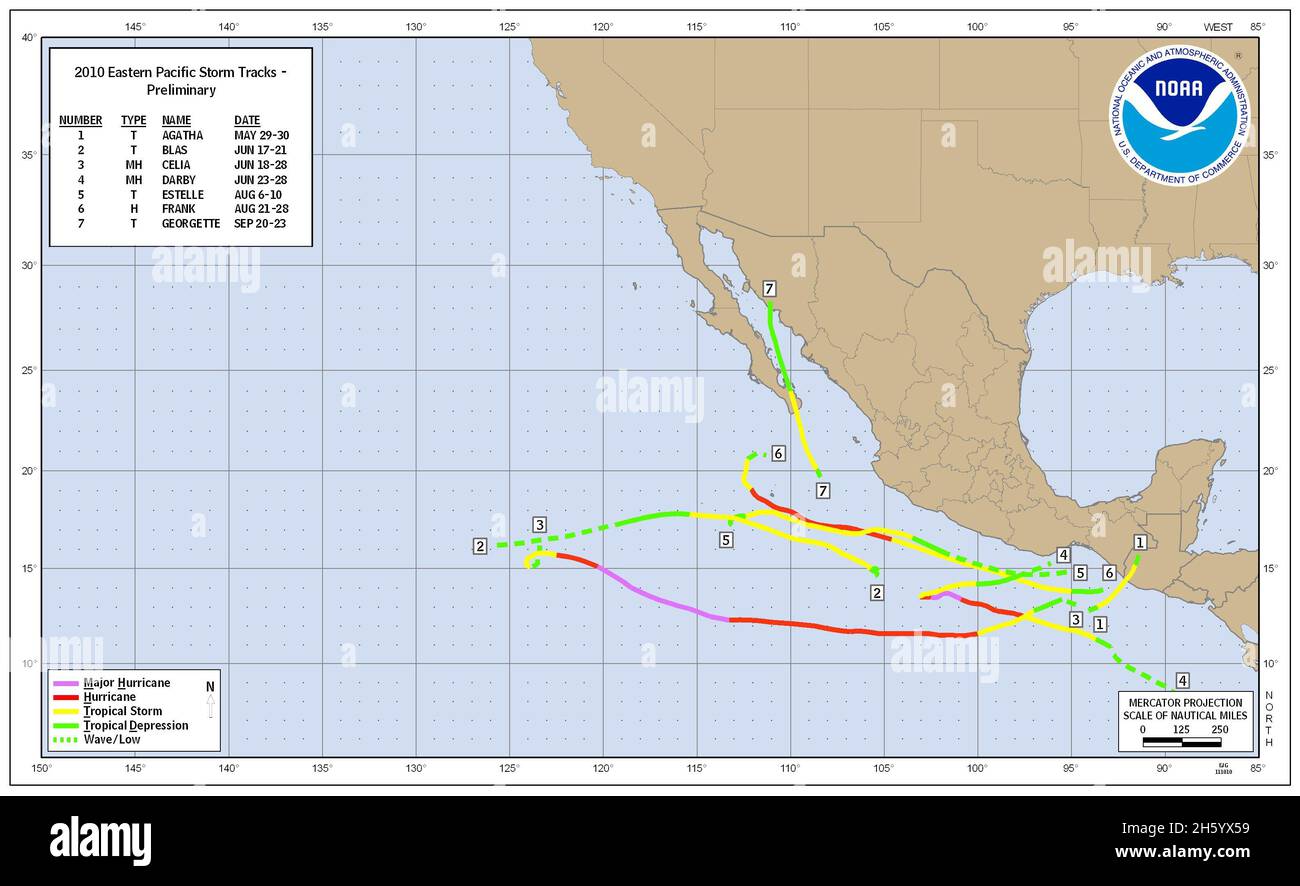 Piste stagionali preliminari per le tempeste nominate nella stagione 2010 di uragano Pacifico ca. 29 novembre 2010 Foto Stock