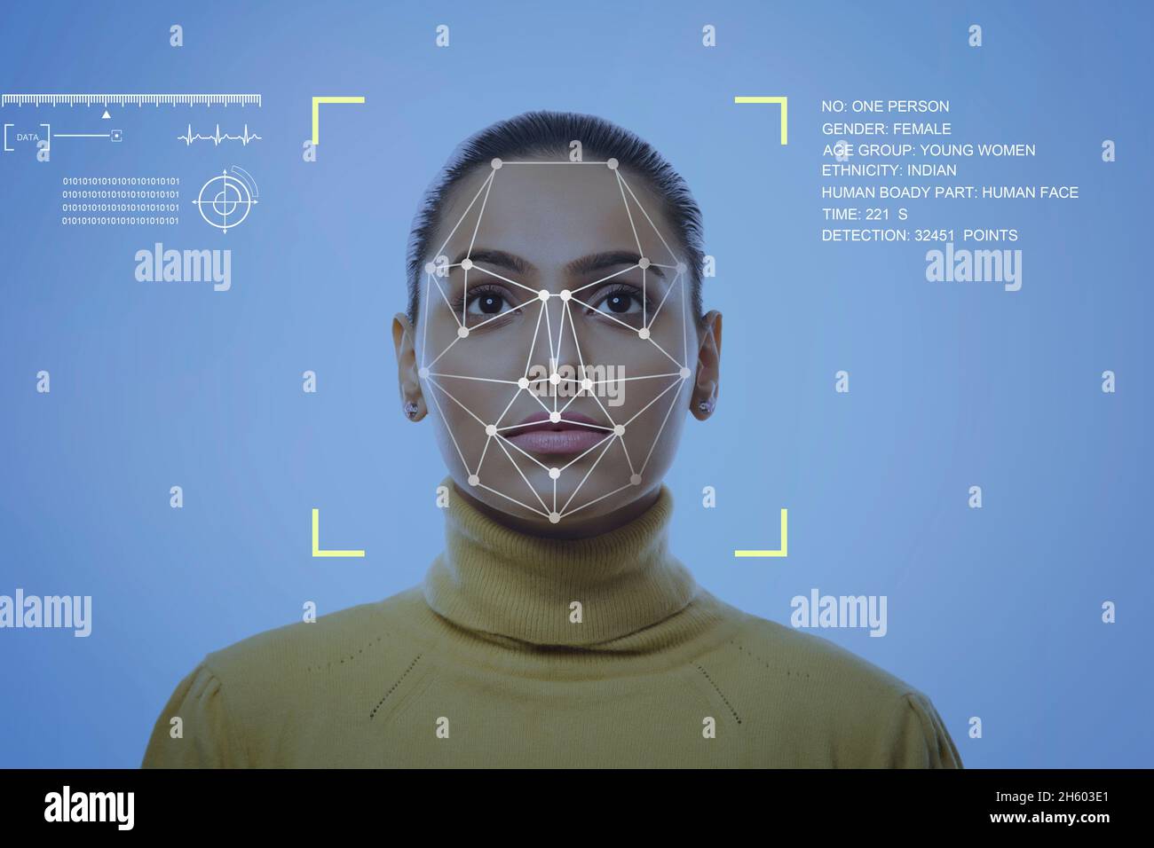Un'illustrazione dell'identificazione del volto di una donna utilizzando un sistema digitale di riconoscimento del volto. Foto Stock