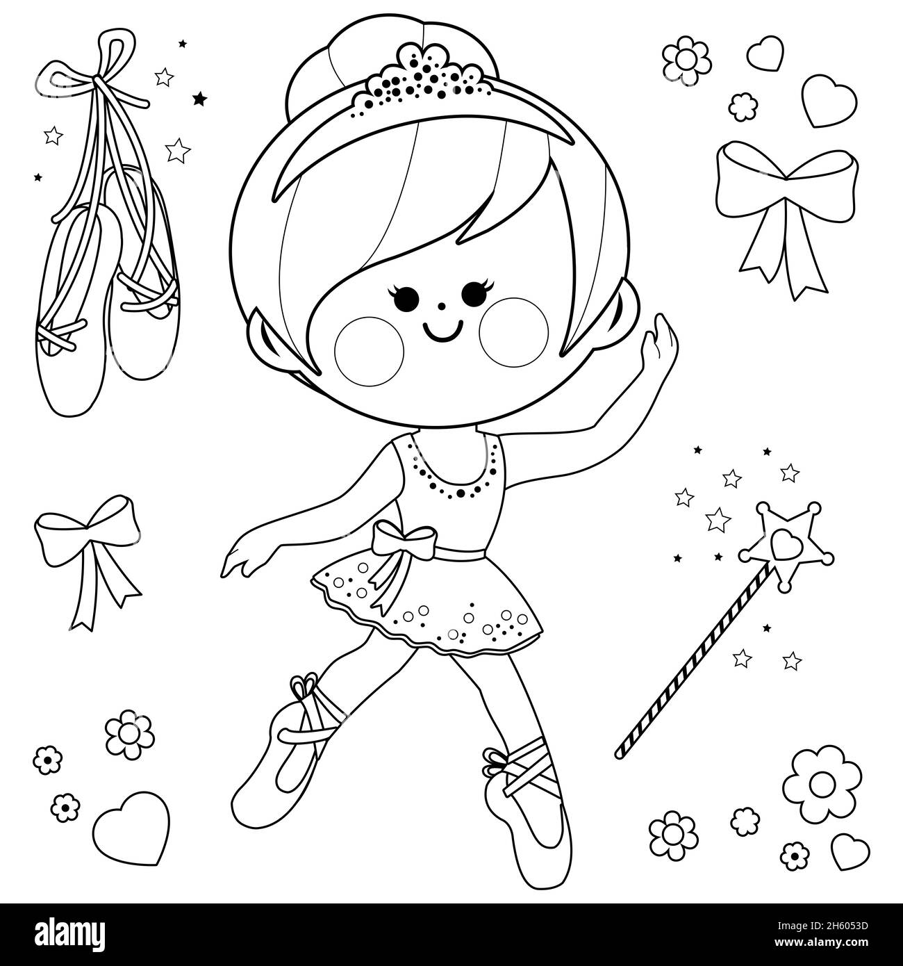 Bella ballerina ragazza. Pagina da colorare in bianco e nero Foto Stock
