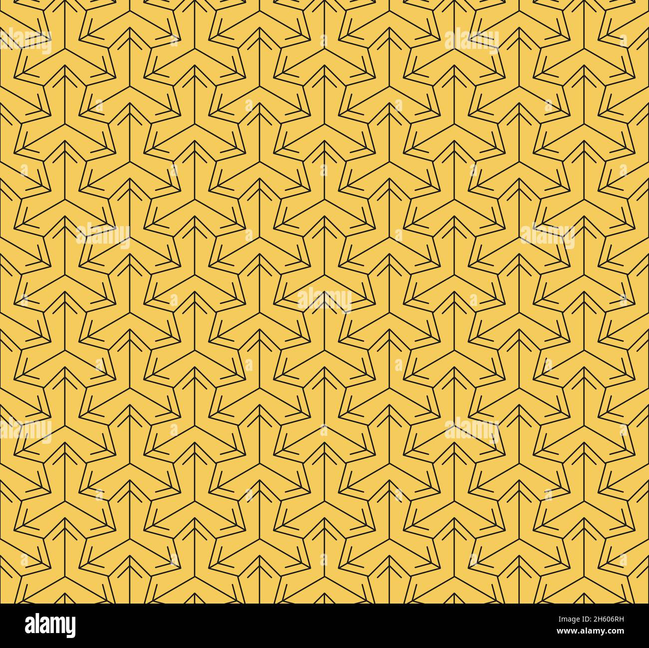 Design senza cuciture con mosaico dallo stile minimalista con colori giallo senape e nero. Fondo conico un motivo geometrico cono triangoli neri Foto Stock