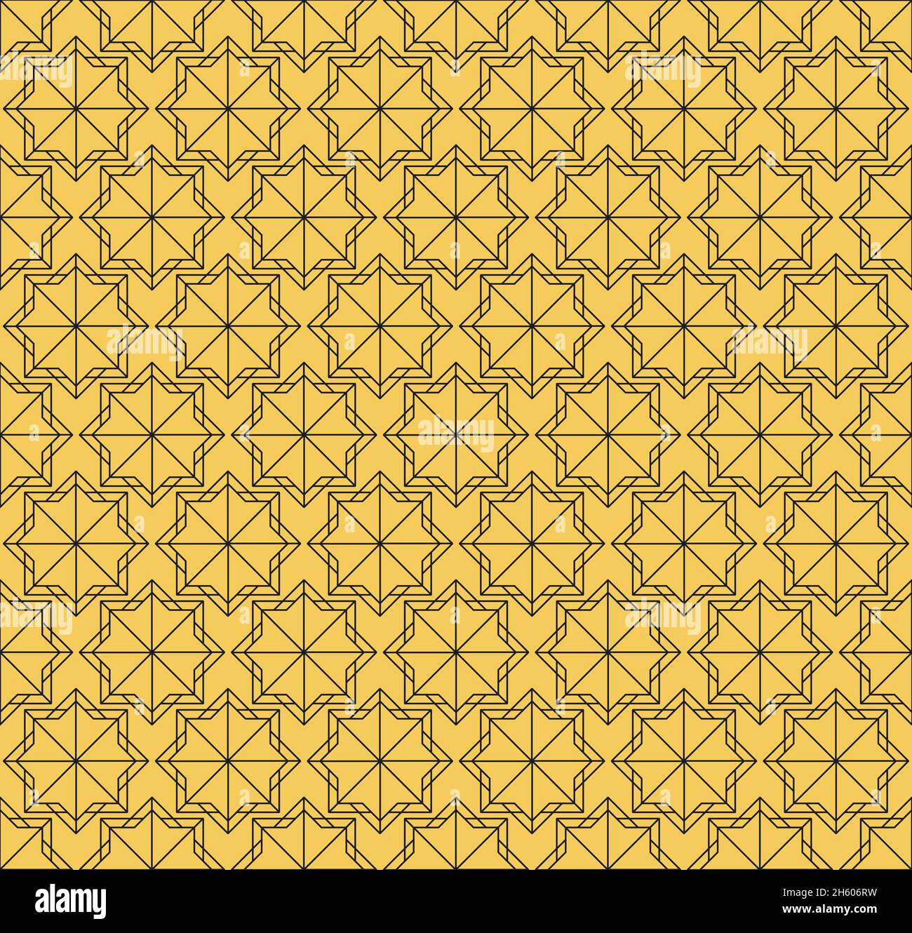 Design vettoriale senza giunture con uno stile mosaico in giallo senape e nero. Sfondo con un motivo geometrico di quadrati e stelle nere Foto Stock